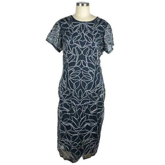 JS COLLECTIONS Navy Blue Metallic Soutache Dress Midi Length Women's Size 14W - Picture 1 of 8